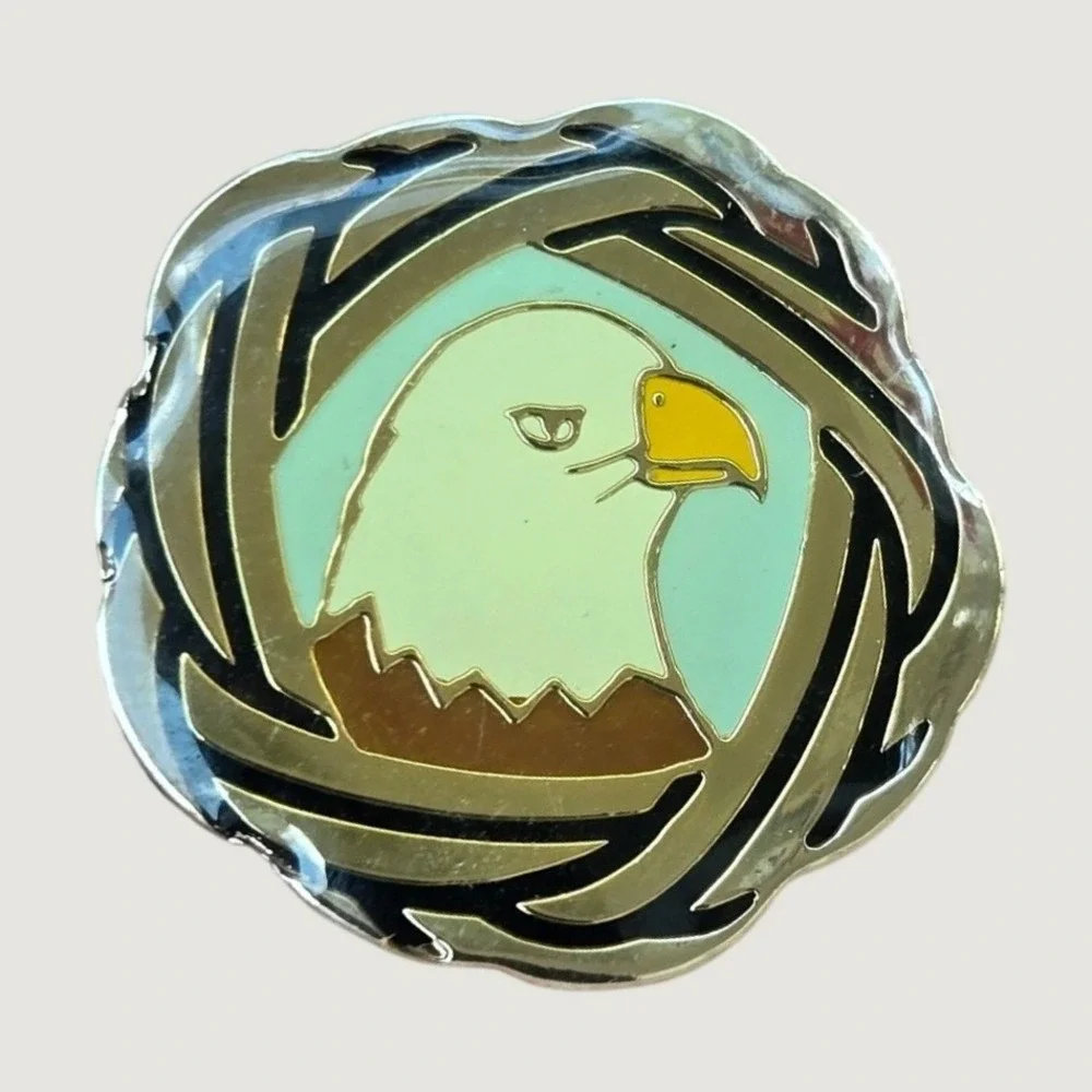 VTG Bald Eagle Enamel Lapel Pin Gold Tone Black Brwn Small Nature Hat Brooch EUC